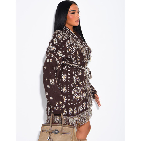 Long printed fringed cardigan with belt