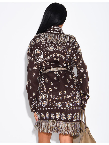 Long printed fringed cardigan with belt