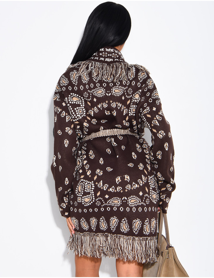 Long printed fringed cardigan with belt