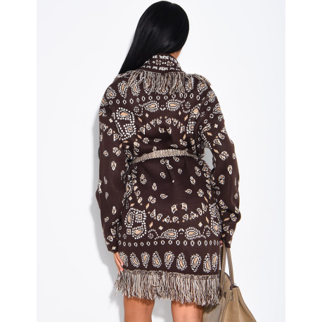 Long printed fringed cardigan with belt