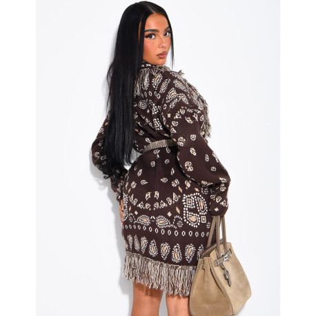 Long printed fringed cardigan with belt
