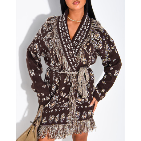 Long printed fringed cardigan with belt