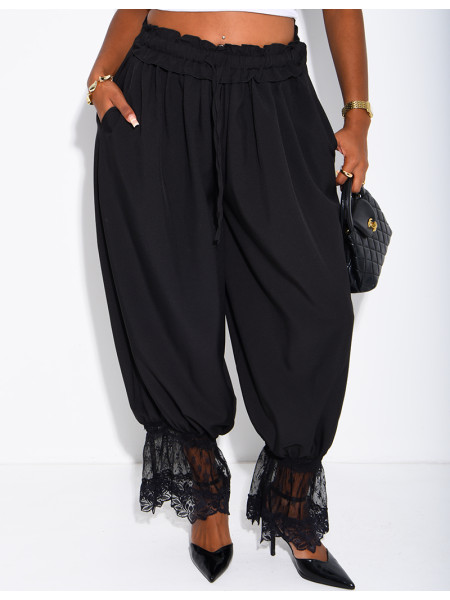 Pantalon bouffant fluide à finitions dentelle