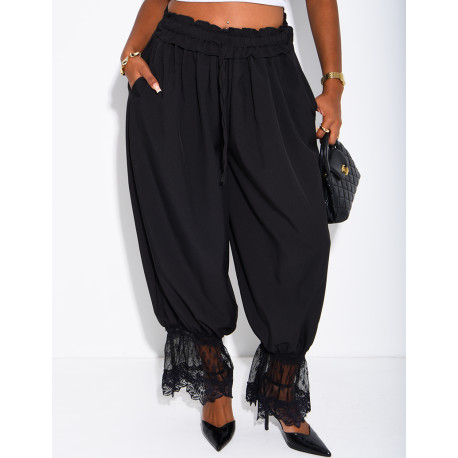 Pantalon bouffant fluide à finitions dentelle