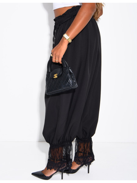 Pantalon bouffant fluide à finitions dentelle