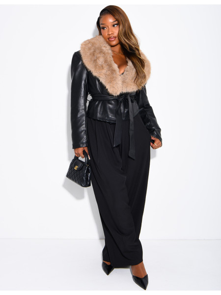 Short faux leather and faux fur jacket