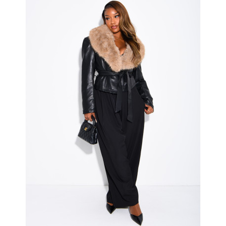 Short faux leather and faux fur jacket