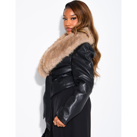 Short faux leather and faux fur jacket