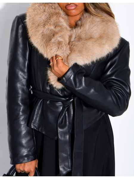 Short faux leather and faux fur jacket