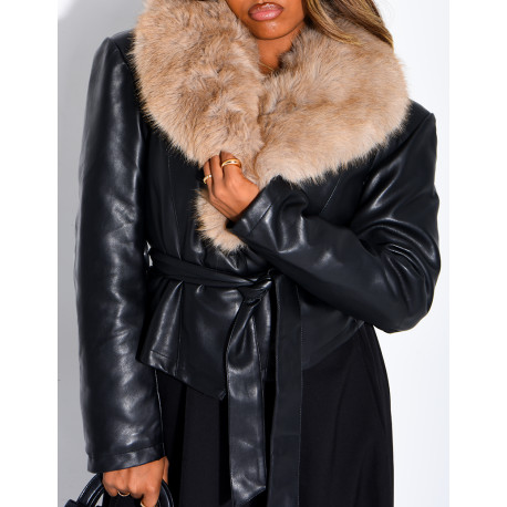 Short faux leather and faux fur jacket