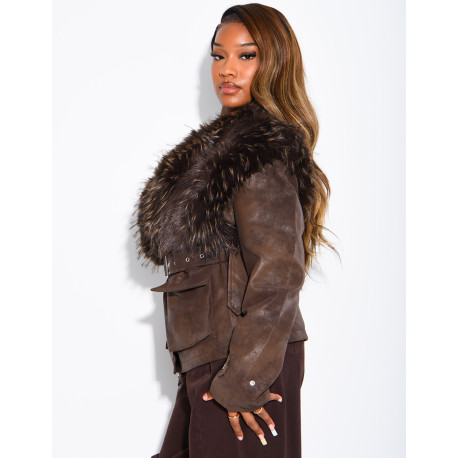Short jacket with a suede and faux fur effect