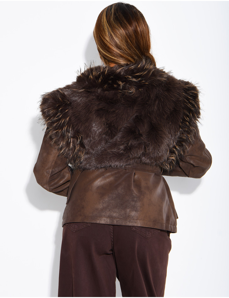 Short jacket with a suede and faux fur effect