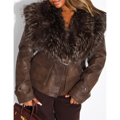 Short jacket with a suede and faux fur effect