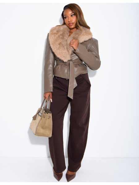 Short faux leather and faux fur jacket