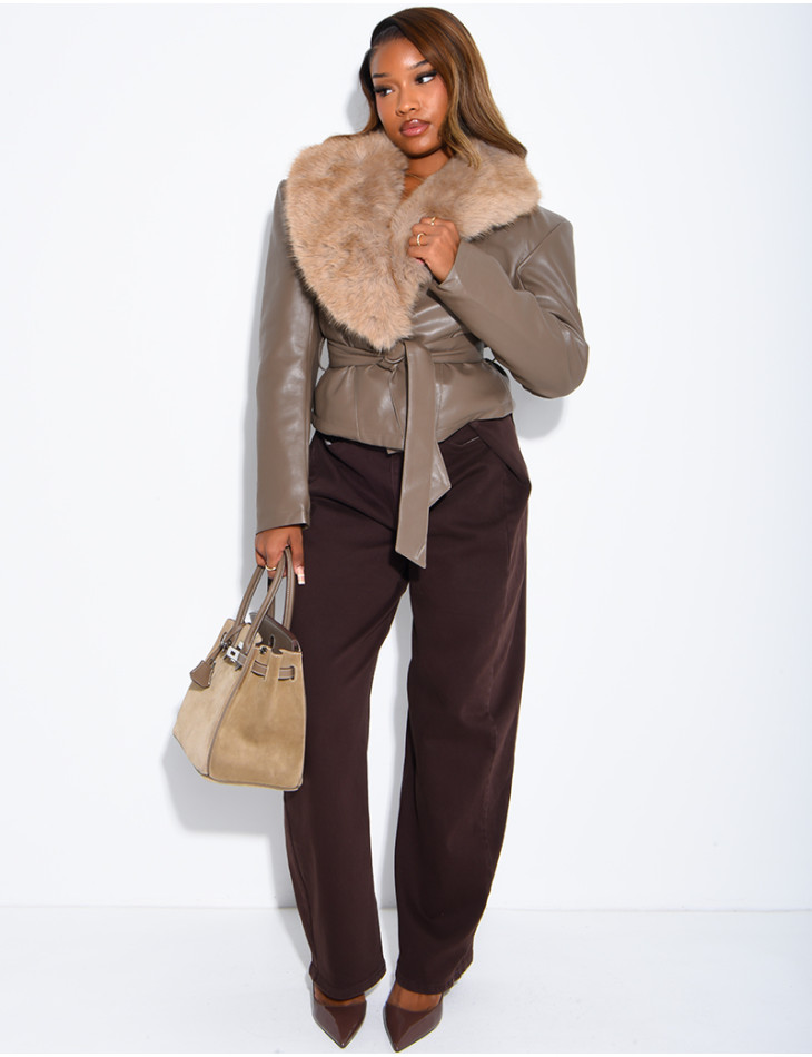 Short faux leather and faux fur jacket