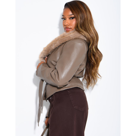 Short faux leather and faux fur jacket