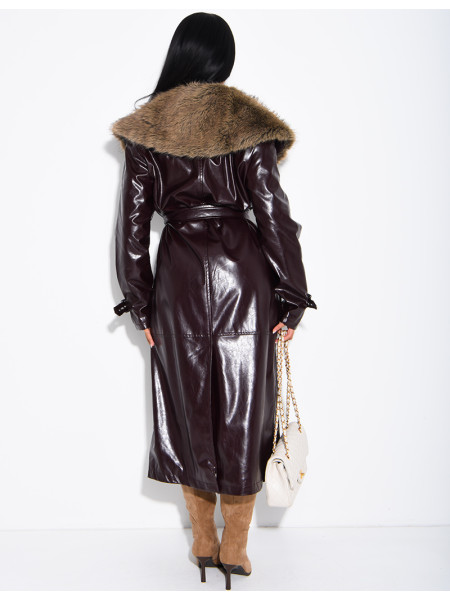 Long faux leather and fur coat