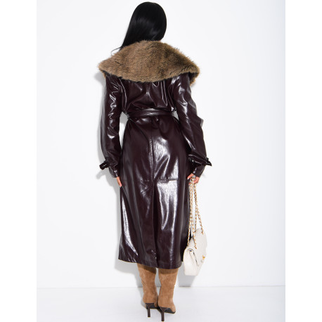 Long faux leather and fur coat