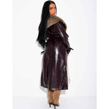 Long faux leather and fur coat