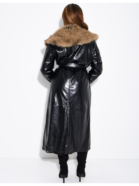 Long faux leather and fur coat