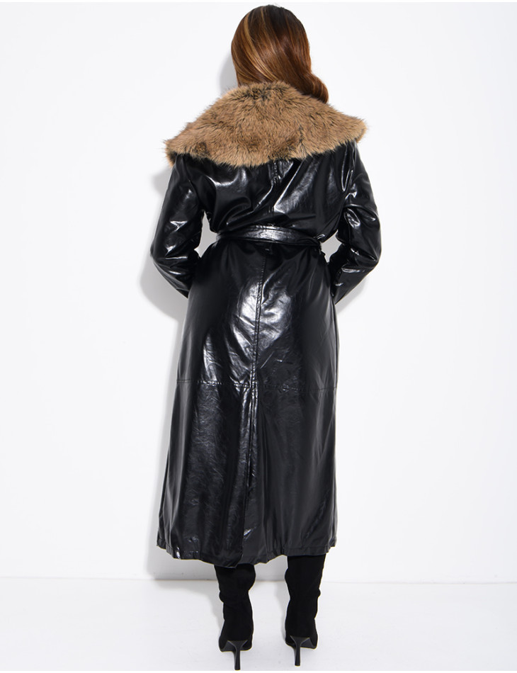 Long faux leather and fur coat
