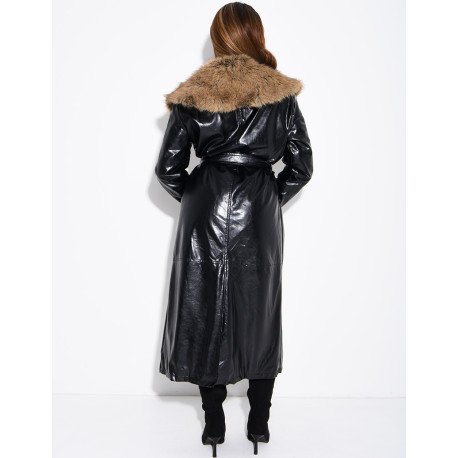 Long faux leather and fur coat