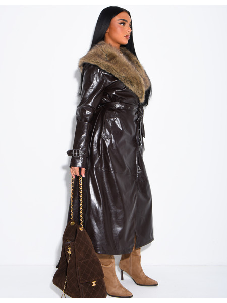 Long faux leather and fur coat