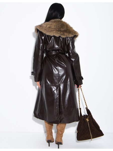 Long faux leather and fur coat