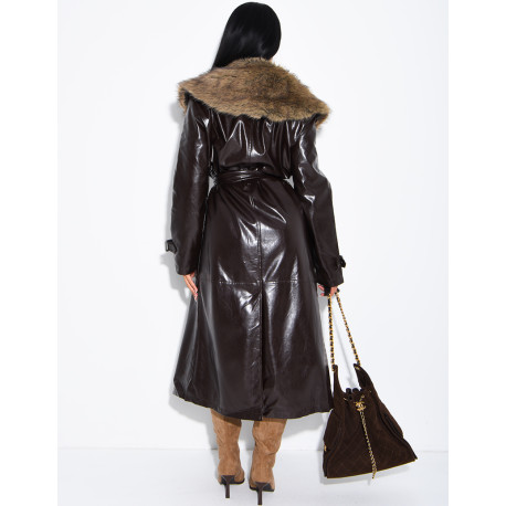 Long faux leather and fur coat