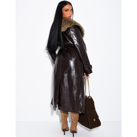 Long faux leather and fur coat