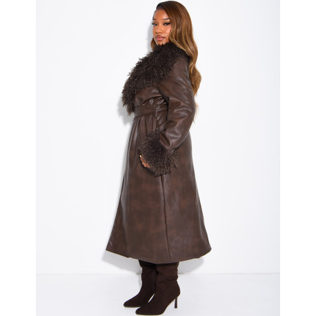 Long faux leather coat with fluffy fur