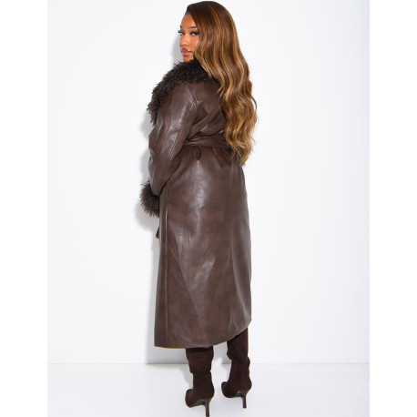 Long faux leather coat with fluffy fur