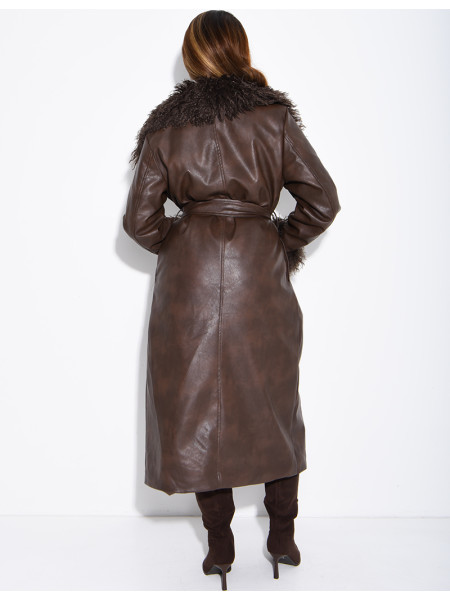 Long faux leather coat with fluffy fur