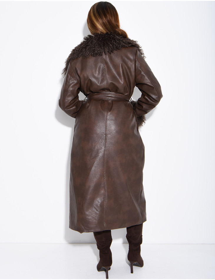 Long faux leather coat with fluffy fur