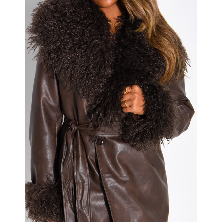 Long faux leather coat with fluffy fur