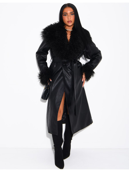 Long faux leather coat with fluffy fur