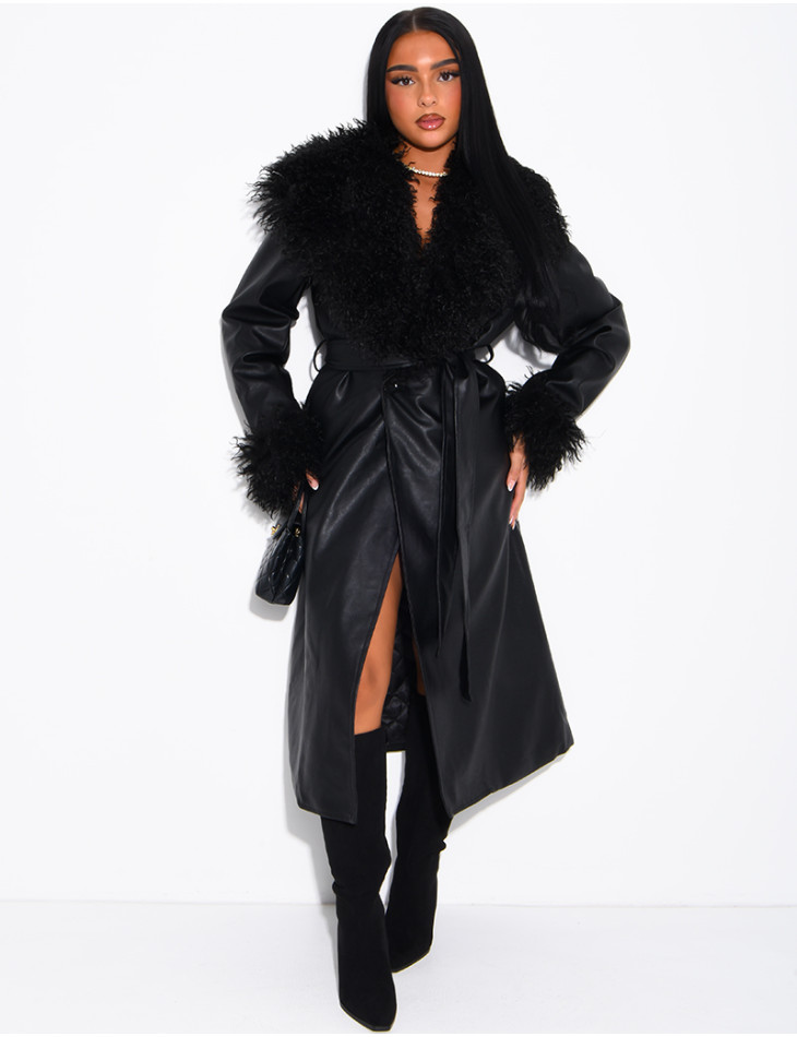 Long faux leather coat with fluffy fur