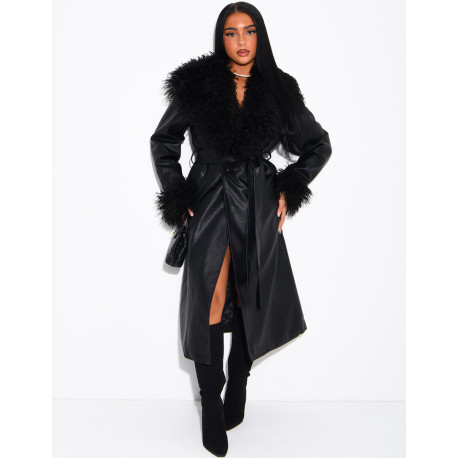 Long faux leather coat with fluffy fur