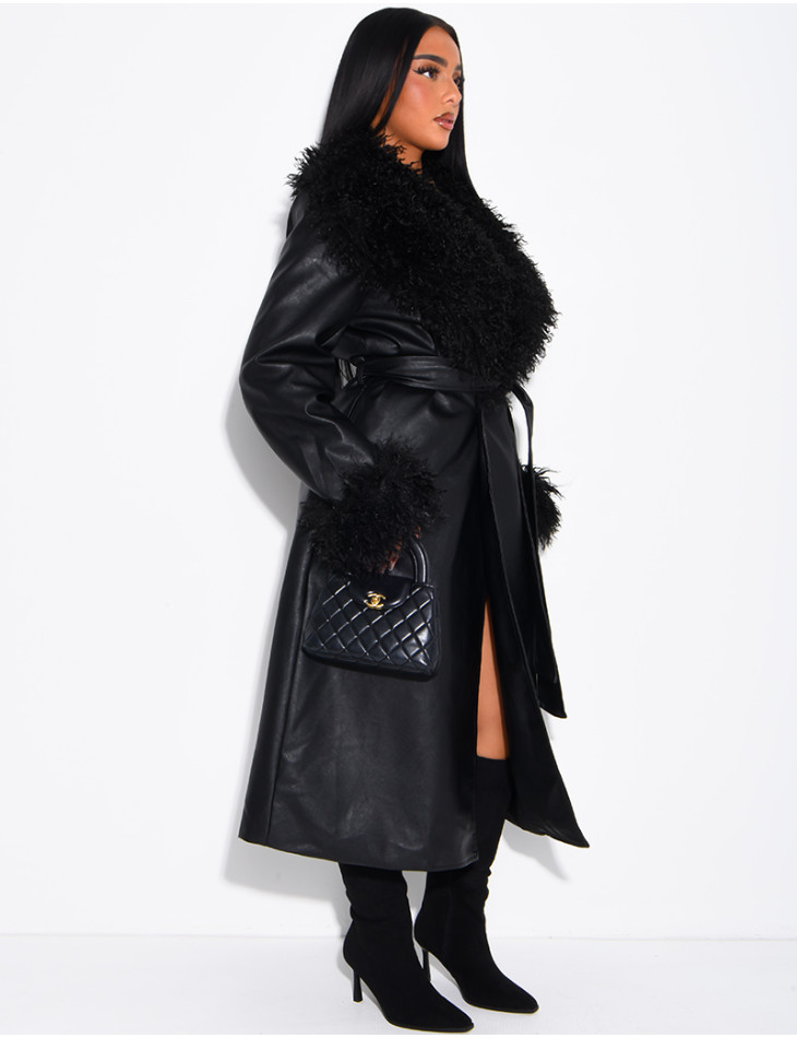 Long faux leather coat with fluffy fur