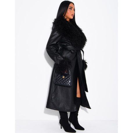 Long faux leather coat with fluffy fur