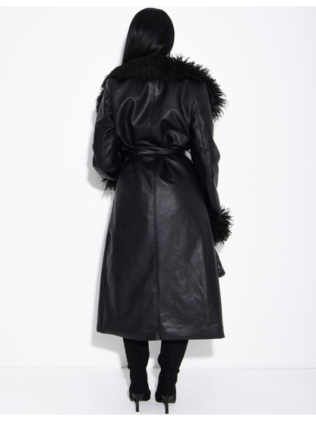 Long faux leather coat with fluffy fur