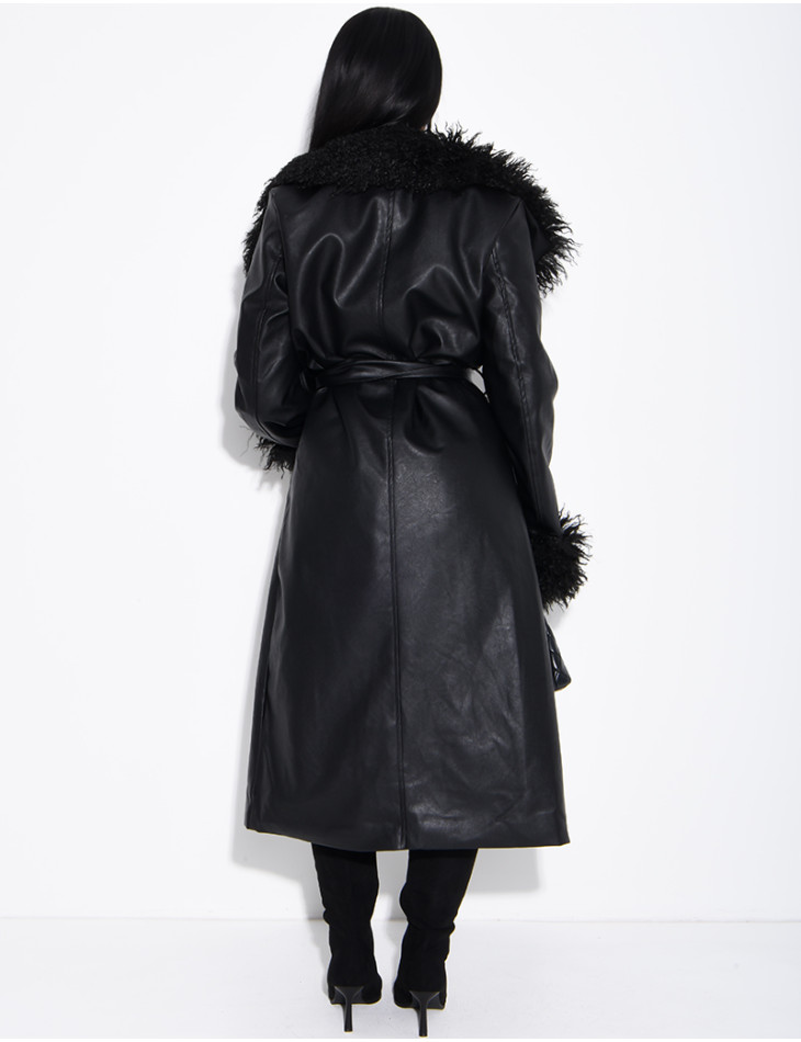 Long faux leather coat with fluffy fur