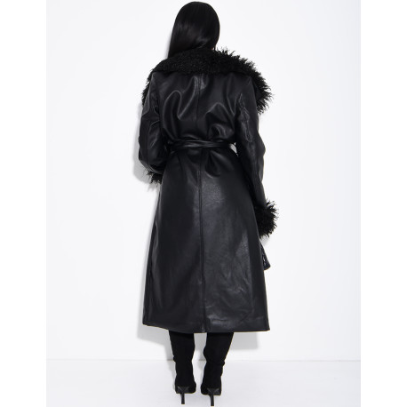 Long faux leather coat with fluffy fur