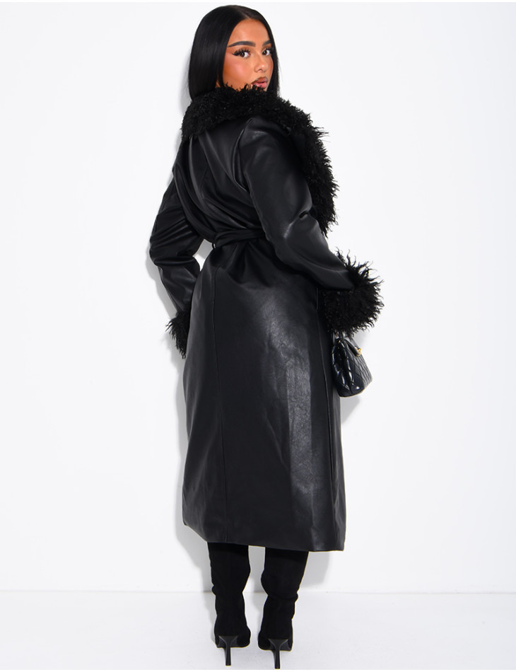 Long faux leather coat with fluffy fur