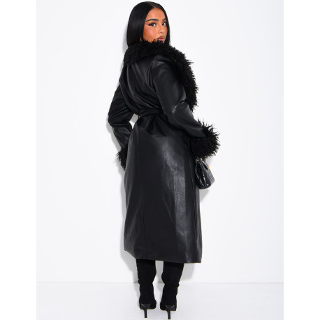Long faux leather coat with fluffy fur