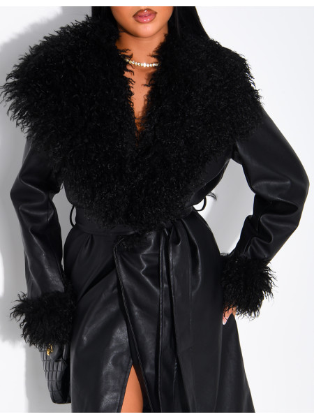 Long faux leather coat with fluffy fur