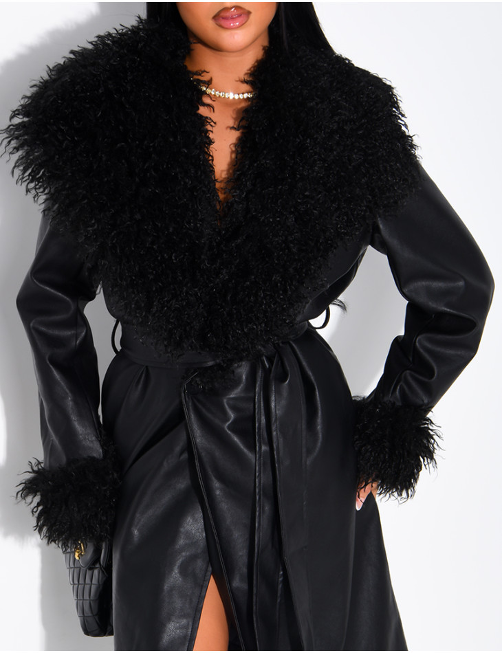Long faux leather coat with fluffy fur