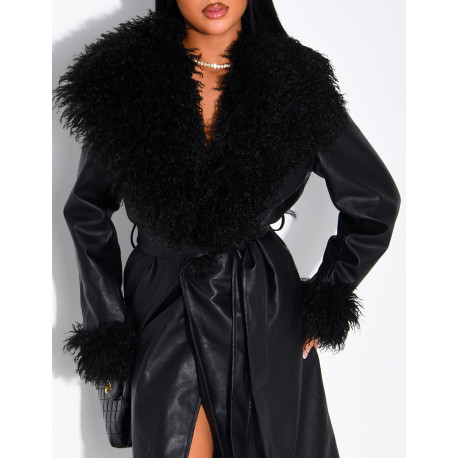 Long faux leather coat with fluffy fur