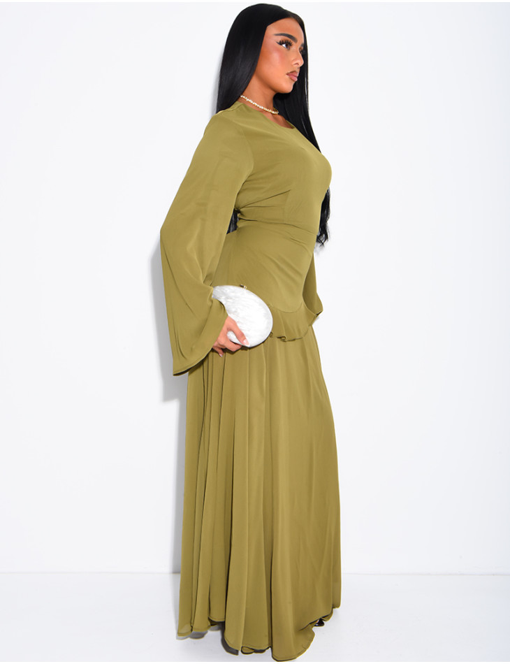 Modest voile dress with ruffles and a lace-up back