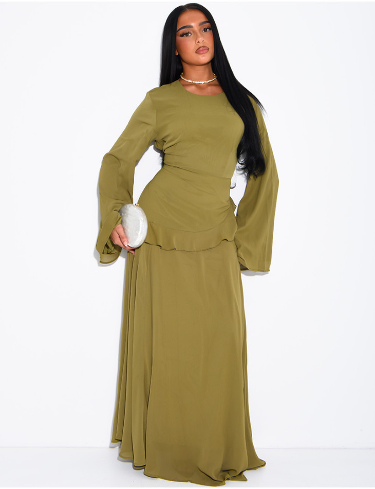 Modest voile dress with ruffles and a lace-up back
